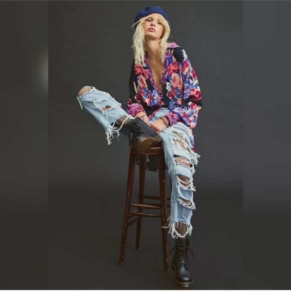 Free People Brunch a Bunch Floral Button Down Tunic Blouse Mini Dress